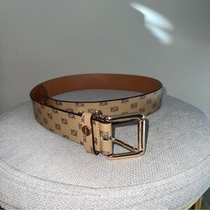 Bebe Logo Print Beige Belt with Gold Buckle Size Medium